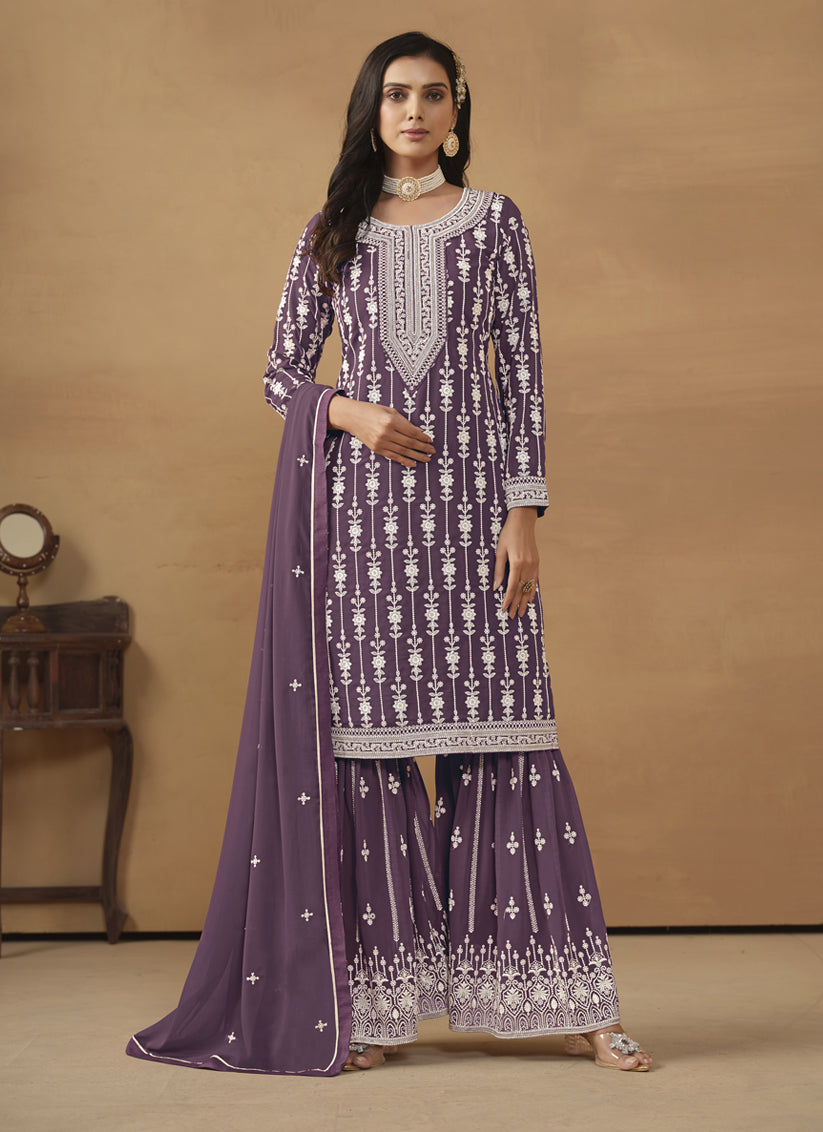 Amethyst Faux Georgette Embroidered Sarara Kameez