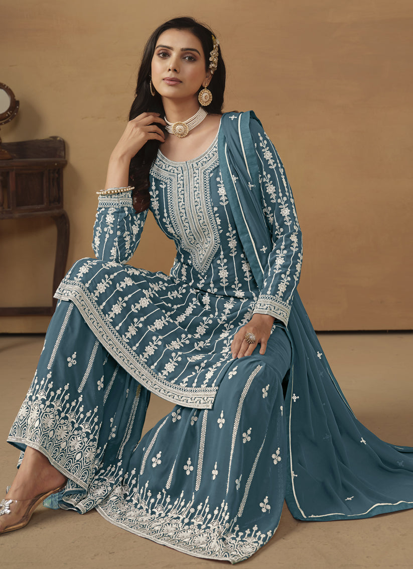 Teal Blue Faux Georgette Embroidered Sarara Kameez