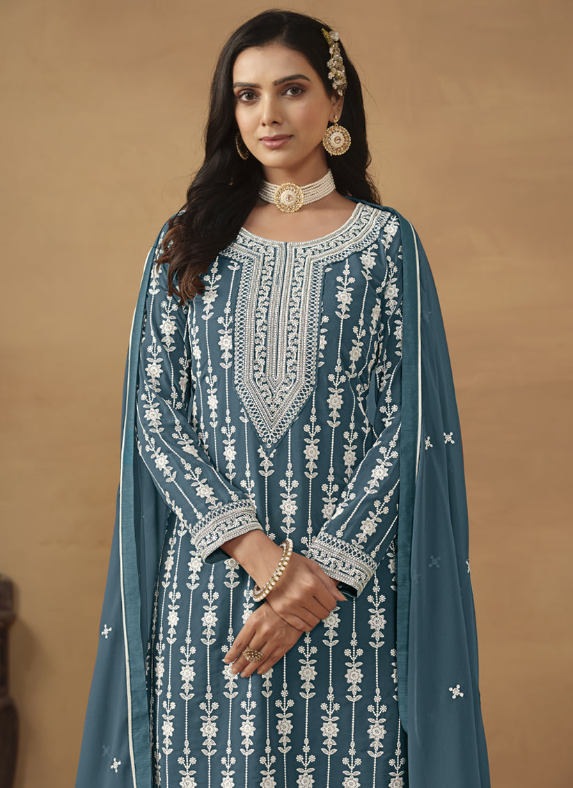 Teal Blue Faux Georgette Embroidered Sarara Kameez