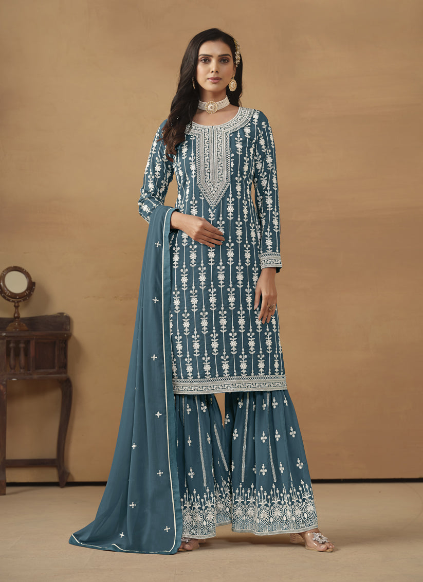 Teal Blue Faux Georgette Embroidered Sarara Kameez