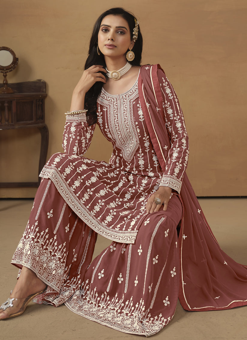 Rose Taupe Faux Georgette Embroidered Sarara Kameez