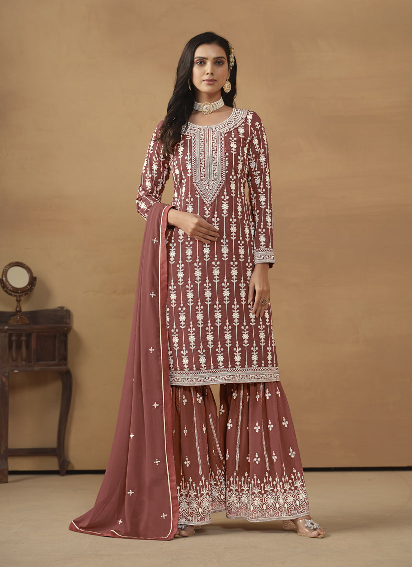 Rose Taupe Faux Georgette Embroidered Sarara Kameez