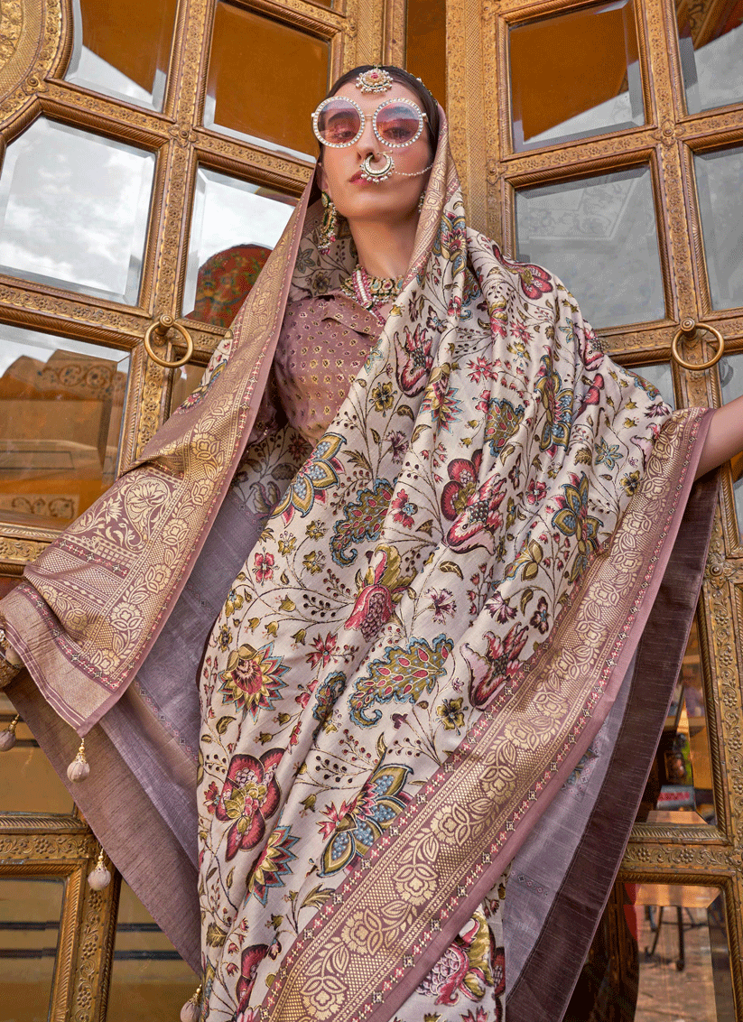Ash Beige Floral Printed Designer Silk Saree