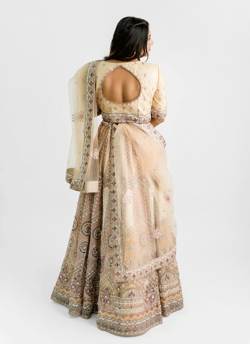 Beige Satin Silk ThreadEmbroidered Designer Lehenga Choli