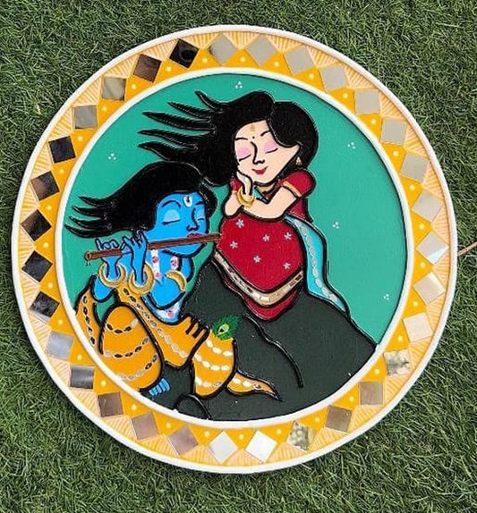 Cute Radhe Krishna Handmade Traditional Lippan Art Wall Plate
