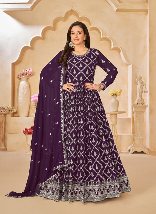 Purple Designer Embroidered Churidar Kameez Suit