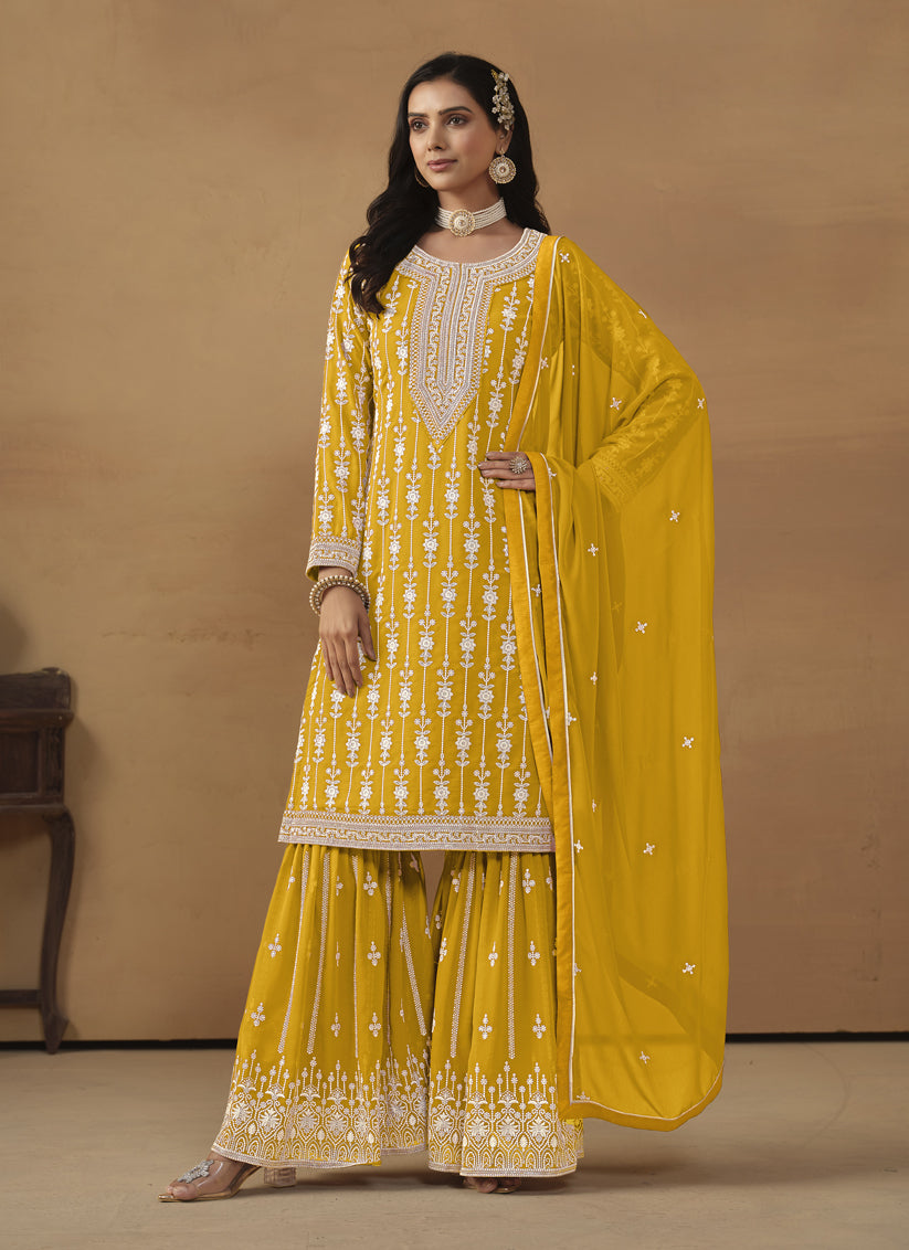 Mustard Faux Georgette Embroidered Sarara Kameez