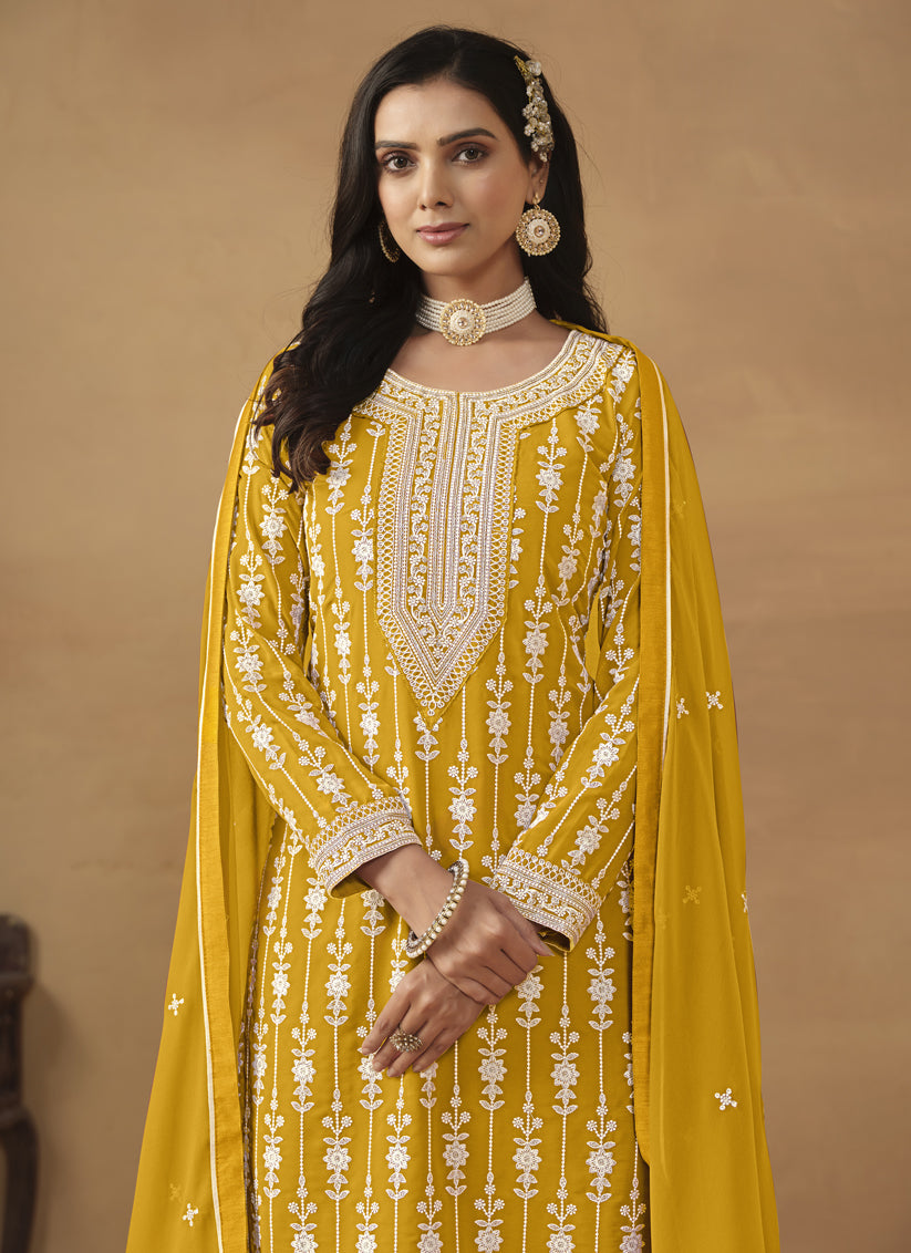 Mustard Faux Georgette Embroidered Sarara Kameez