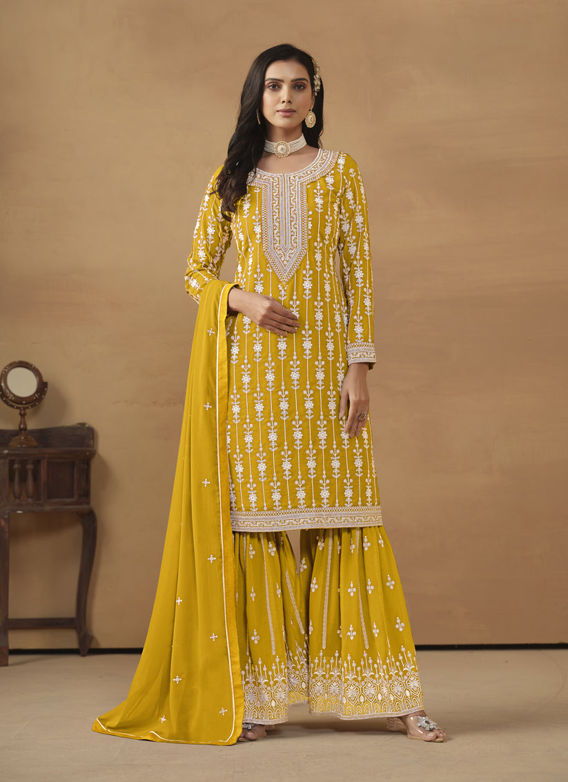 Mustard Faux Georgette Embroidered Sarara Kameez