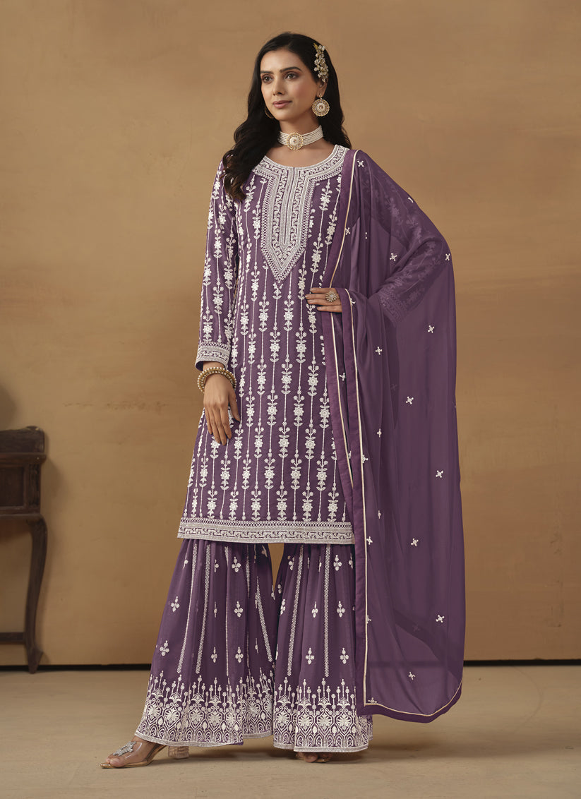 Amethyst Faux Georgette Embroidered Sarara Kameez