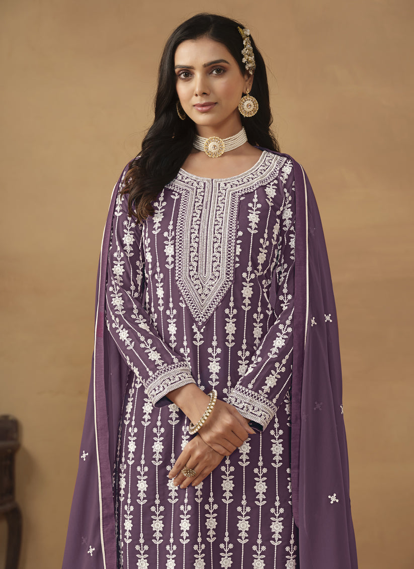 Amethyst Faux Georgette Embroidered Sarara Kameez