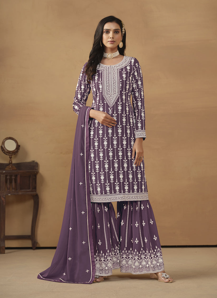 Amethyst Faux Georgette Embroidered Sarara Kameez