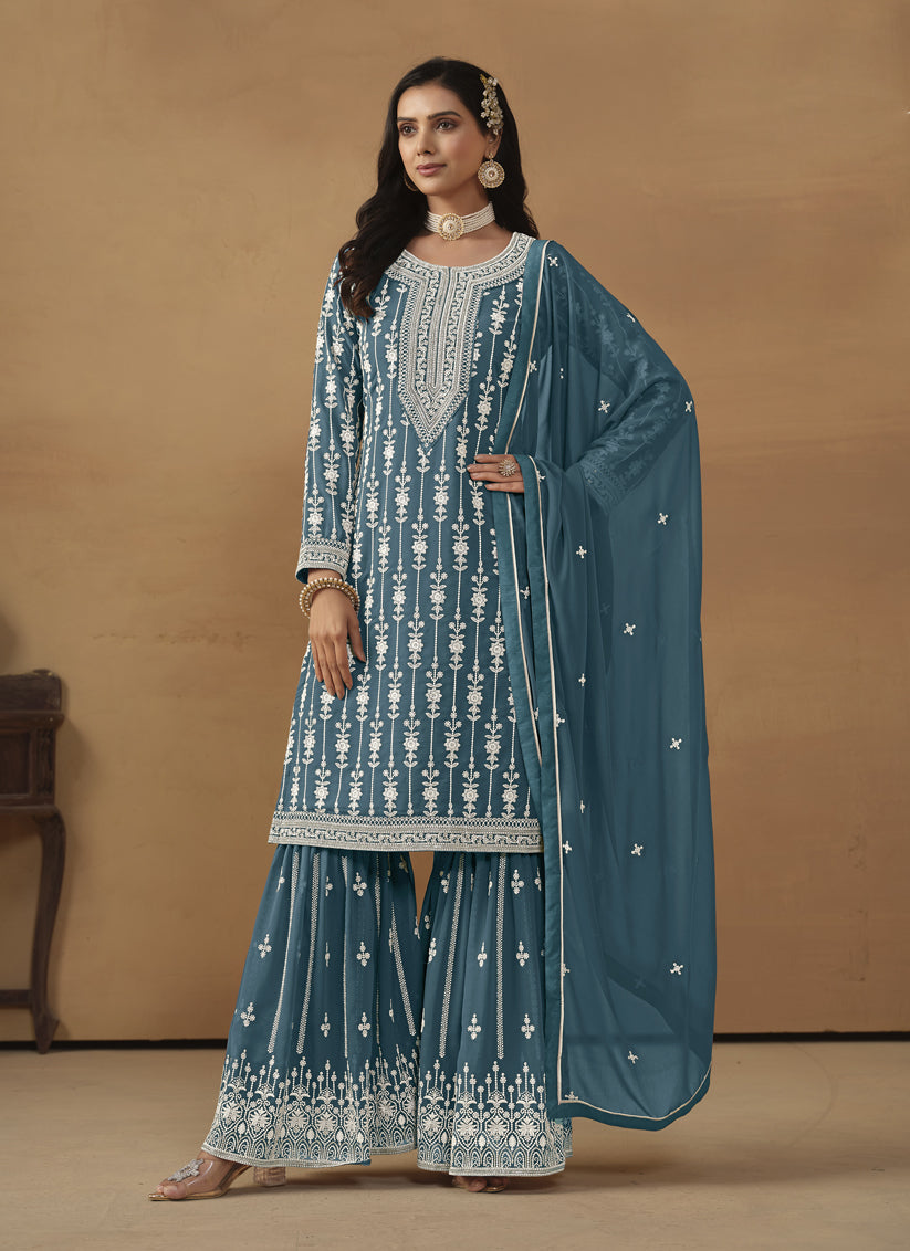 Teal Blue Faux Georgette Embroidered Sarara Kameez