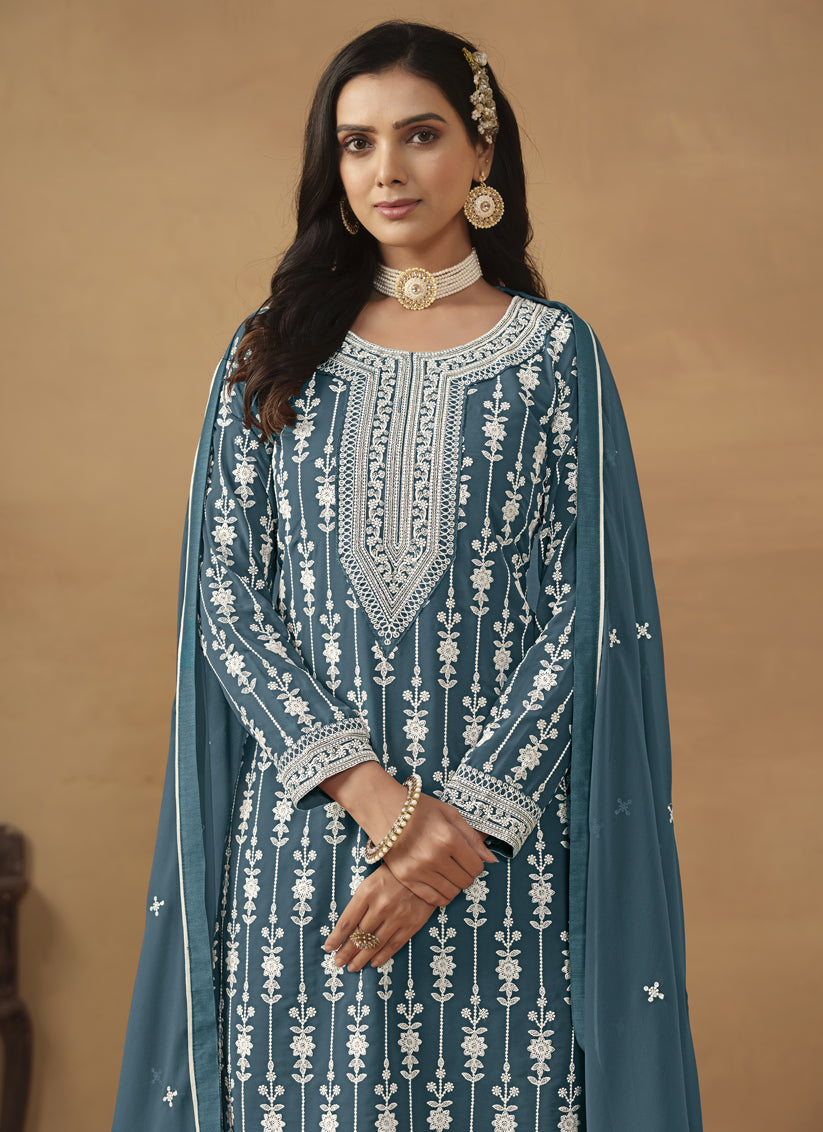 Teal Blue Faux Georgette Embroidered Sarara Kameez
