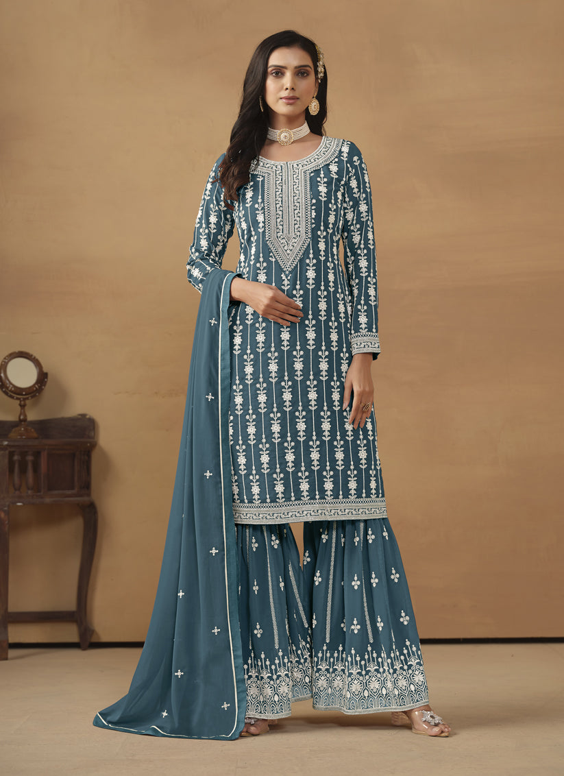 Teal Blue Faux Georgette Embroidered Sarara Kameez