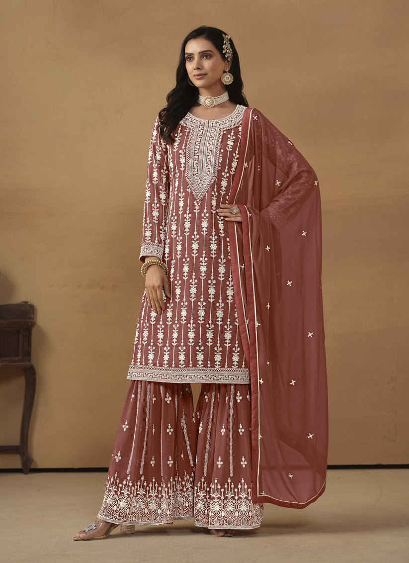 Rose Taupe Faux Georgette Embroidered Sarara Kameez