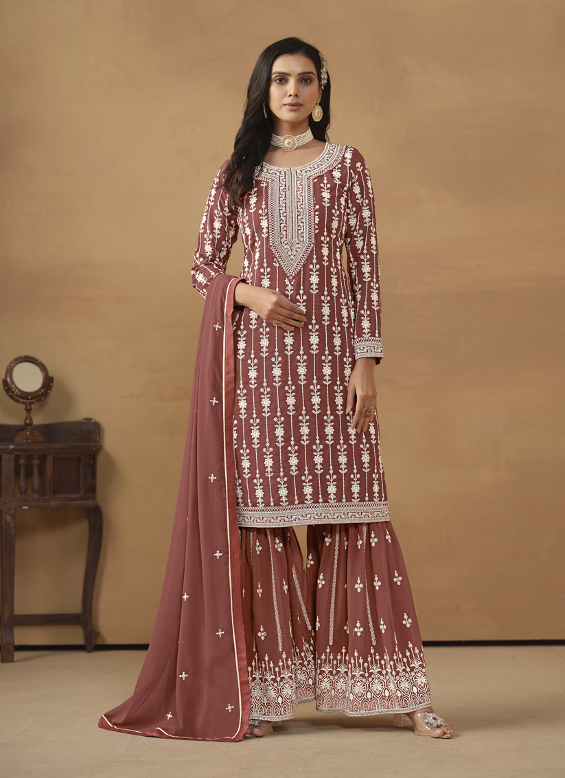 Rose Taupe Faux Georgette Embroidered Sarara Kameez