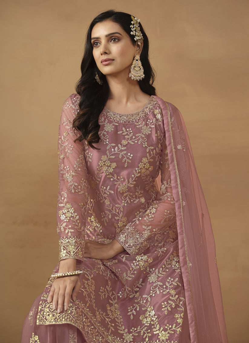 Old Rose Net Embroidered Sarara Kameez Suit