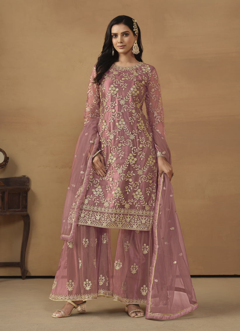 Old Rose Net Embroidered Sarara Kameez Suit