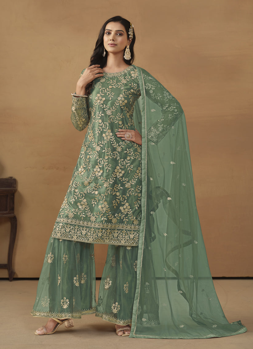 Sea Green Net Embroidered Sarara Kameez Suit