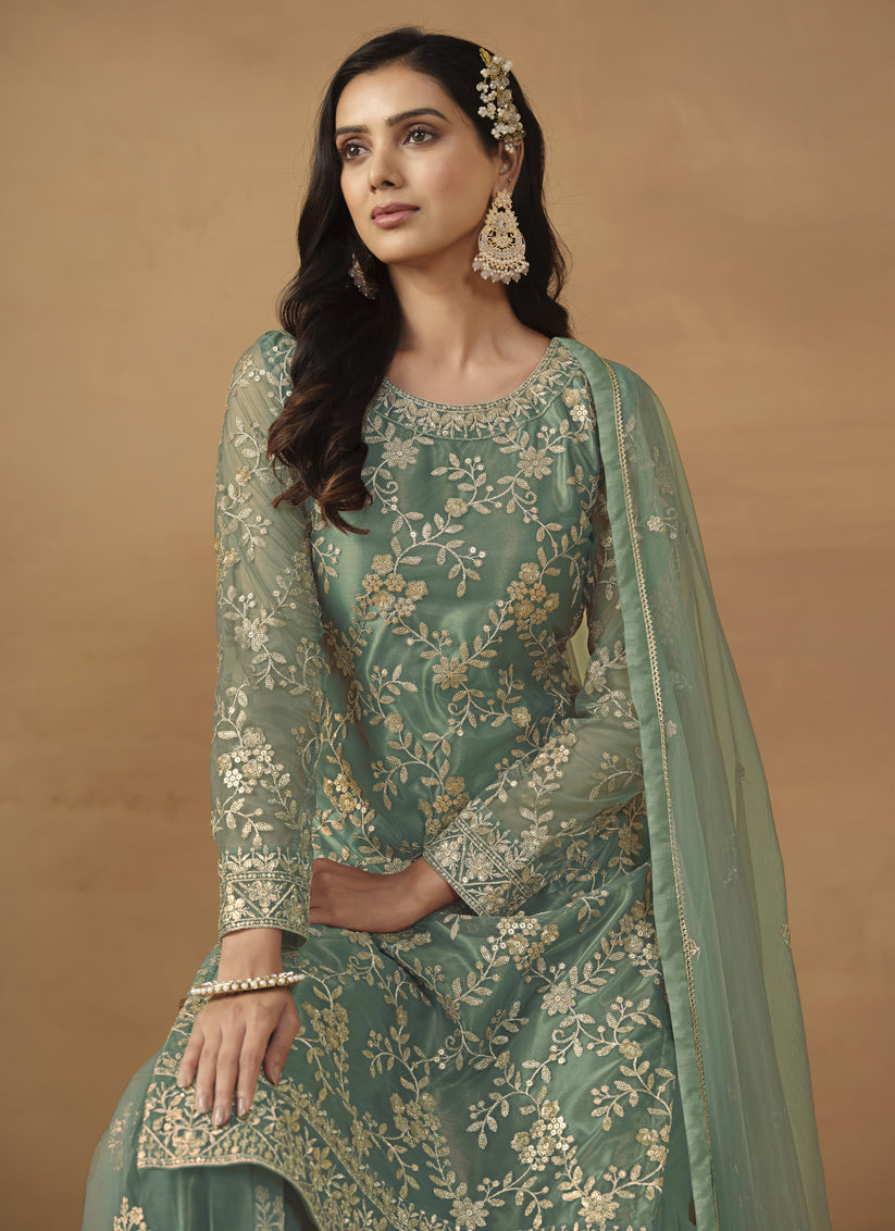 Sea Green Net Embroidered Sarara Kameez Suit