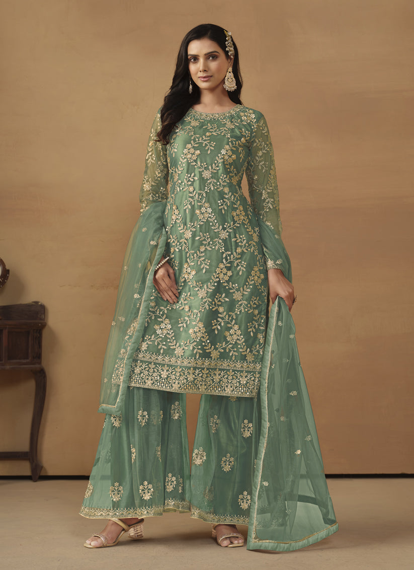 Sea Green Net Embroidered Sarara Kameez Suit