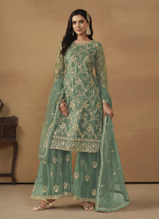 Sea Green Net Embroidered Sarara Kameez Suit