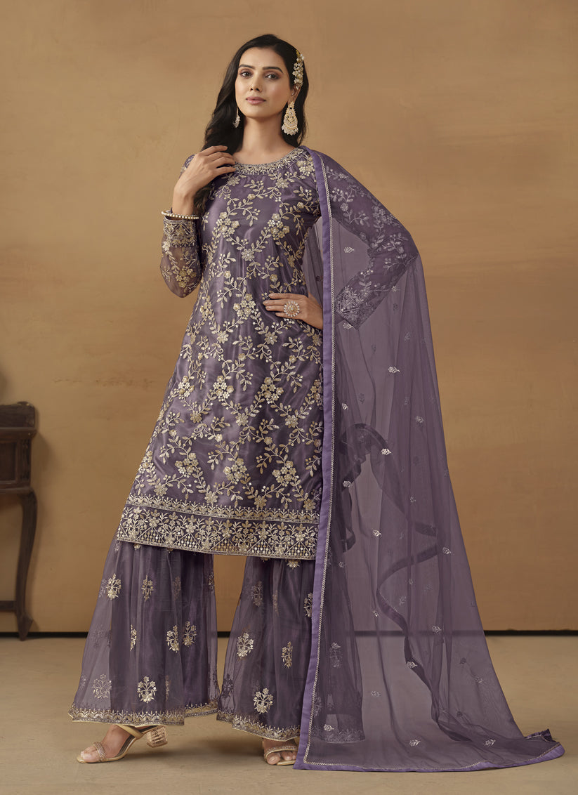 Dusty Purple Net Embroidered Sarara Kameez Suit
