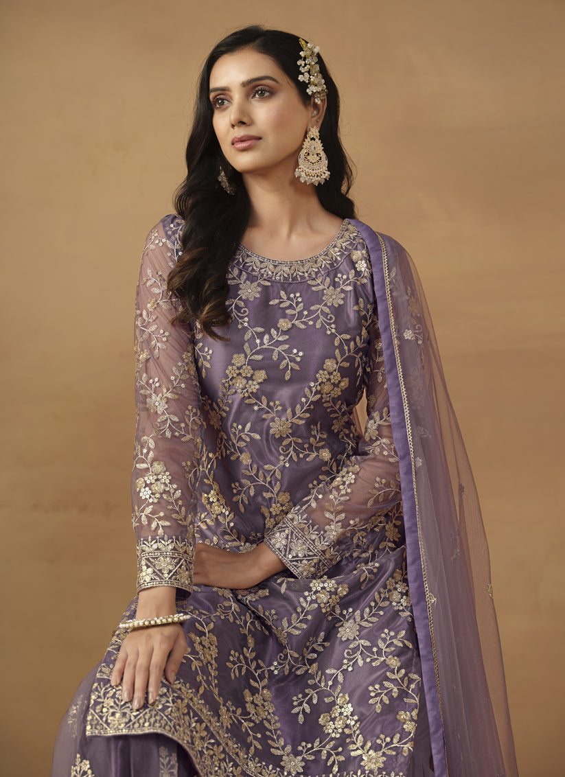 Dusty Purple Net Embroidered Sarara Kameez Suit