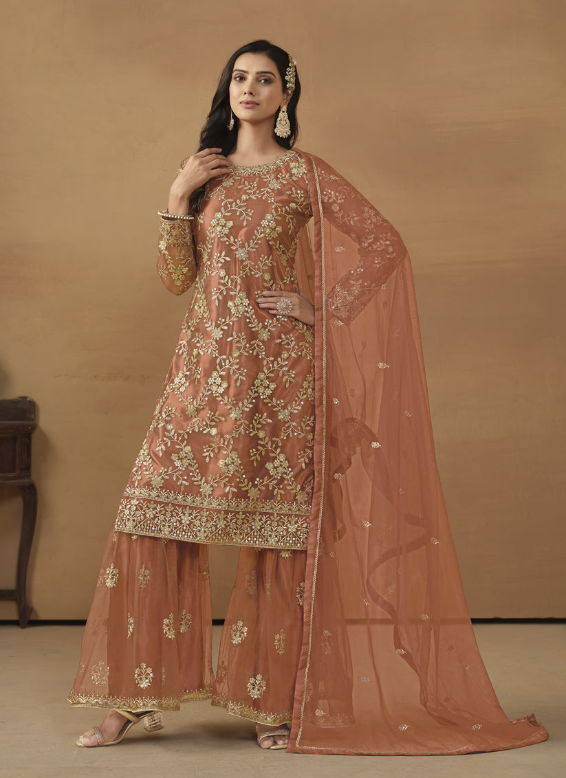 Tangerine Net Embroidered Sarara Kameez Suit
