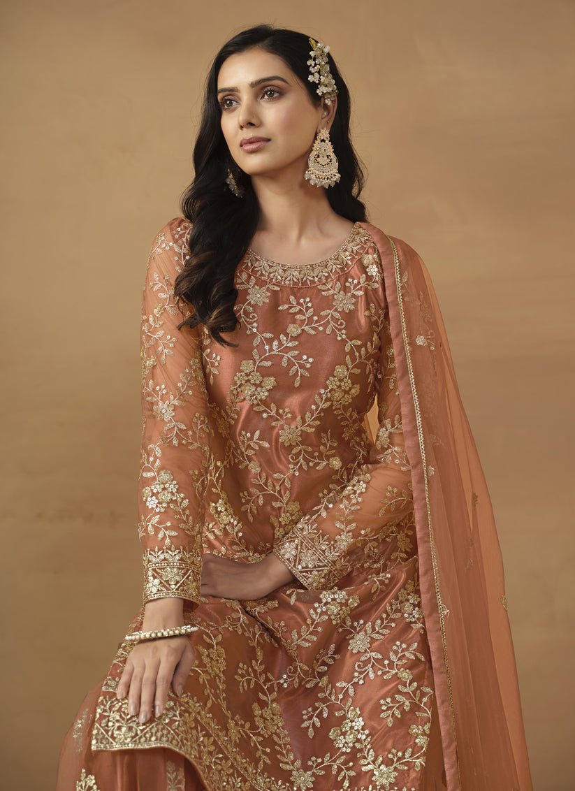 Tangerine Net Embroidered Sarara Kameez Suit
