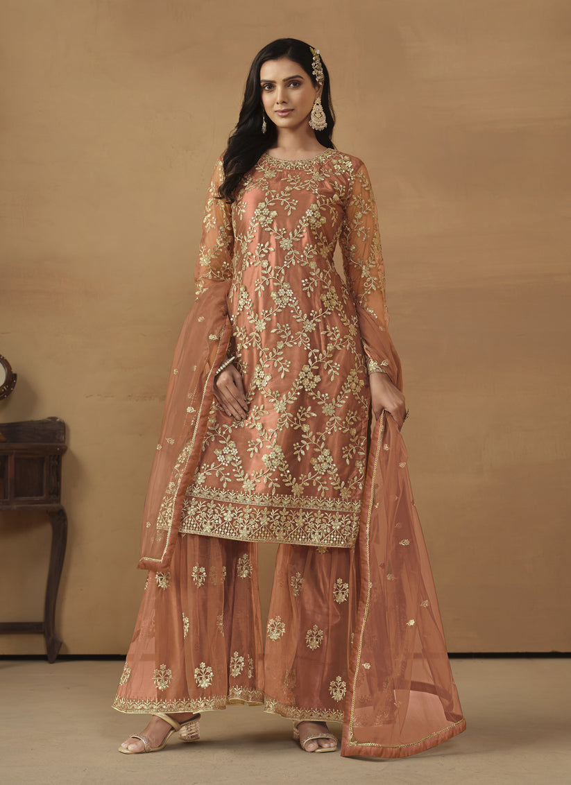 Tangerine Net Embroidered Sarara Kameez Suit