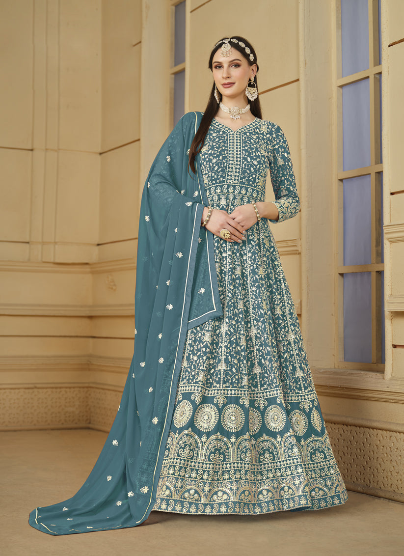 Firozi Blue Faux Georgette Embroidered Anarkali Suit