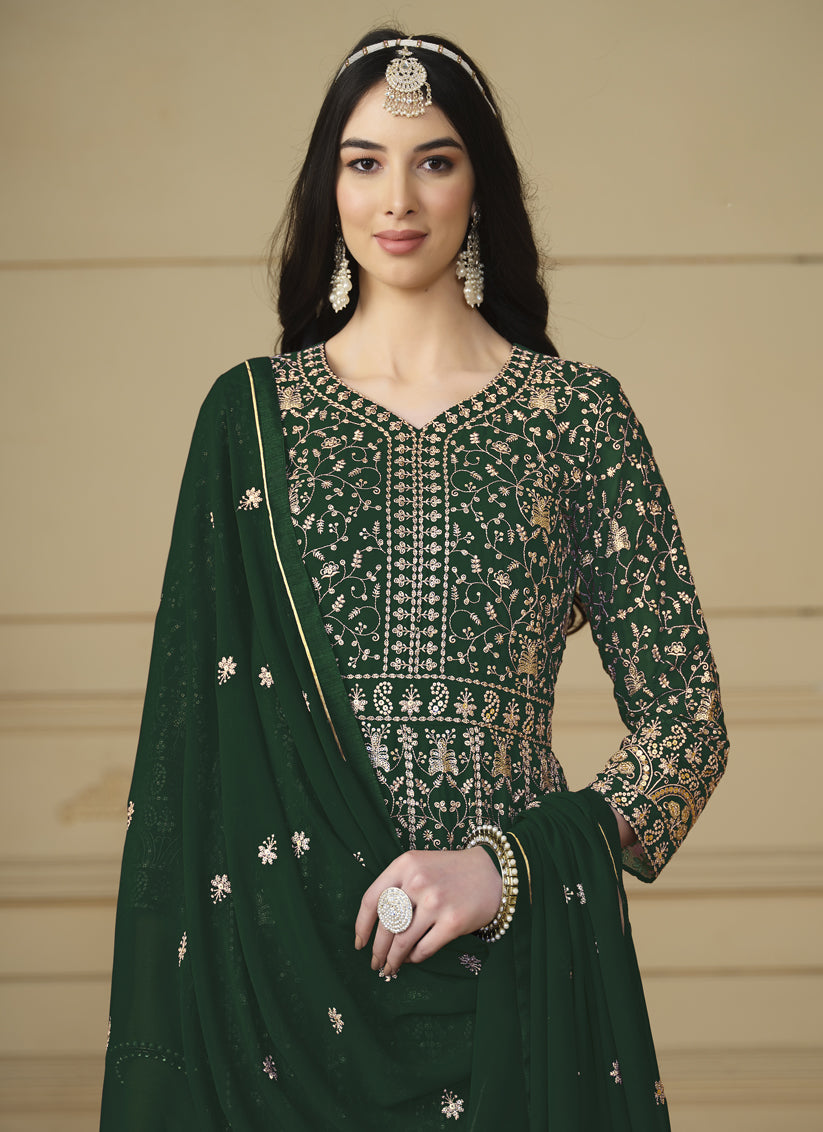 Bottle Green Faux Georgette Embroidered Anarkali Suit