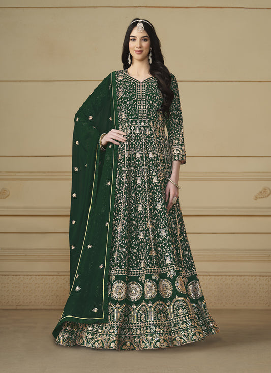 Bottle Green Faux Georgette Embroidered Anarkali Suit