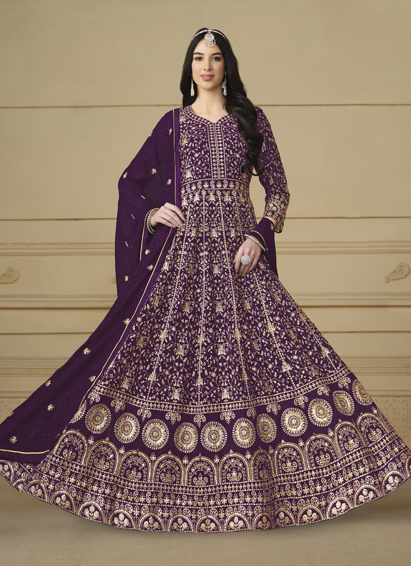 Wine Faux Georgette Embroidered Anarkali Suit