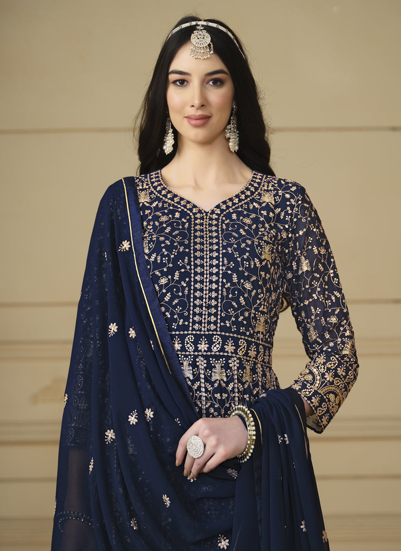 Navy Blue Faux Georgette Embroidered Anarkali Suit