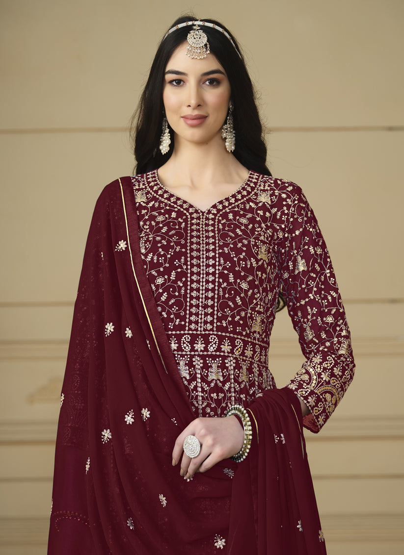 Maroon Faux Georgette Embroidered Anarkali Suit