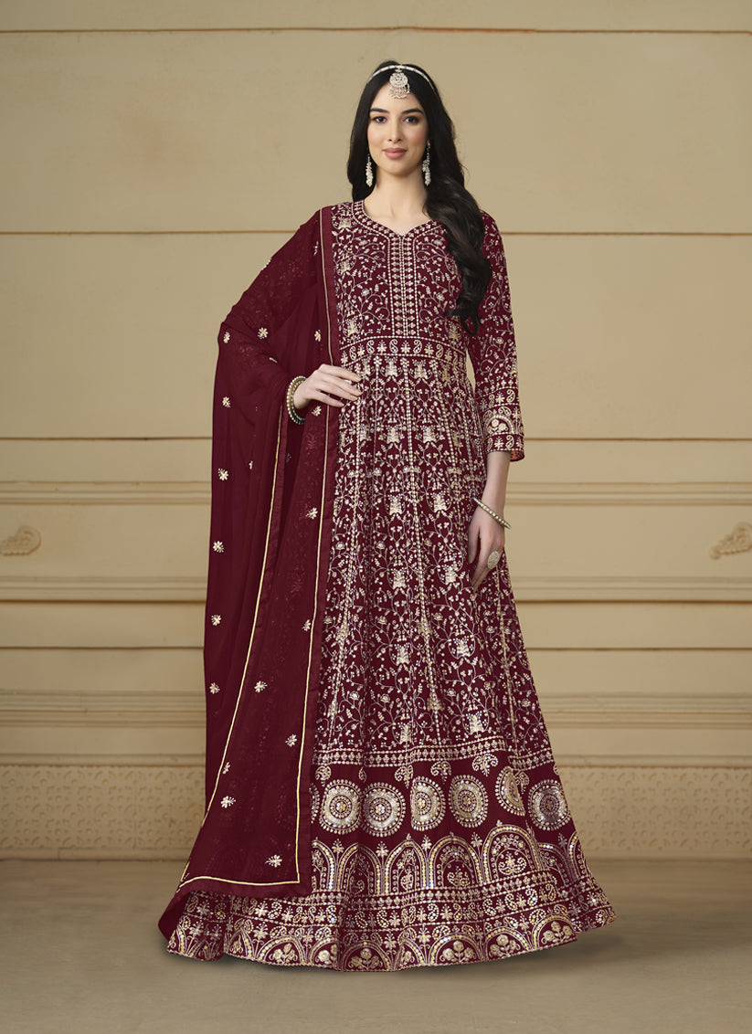 Maroon Faux Georgette Embroidered Anarkali Suit