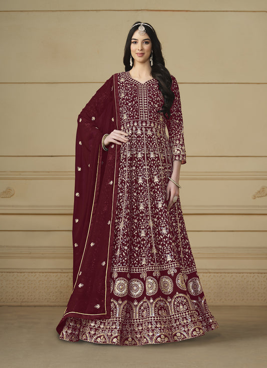 Maroon Faux Georgette Embroidered Anarkali Suit