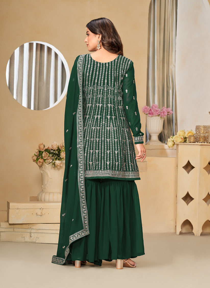 Bottle Green Faux Georgette Embroidered Sarara Kameez