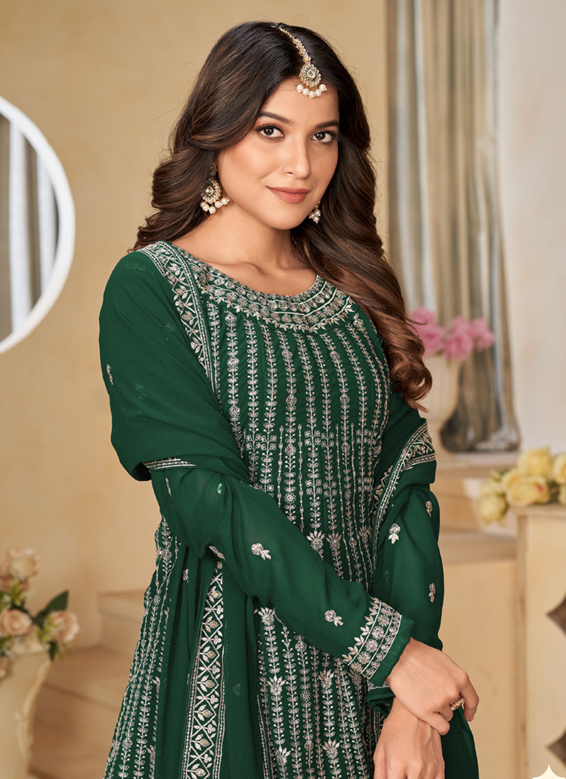 Bottle Green Faux Georgette Embroidered Sarara Kameez