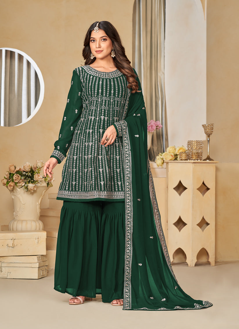Bottle Green Faux Georgette Embroidered Sarara Kameez