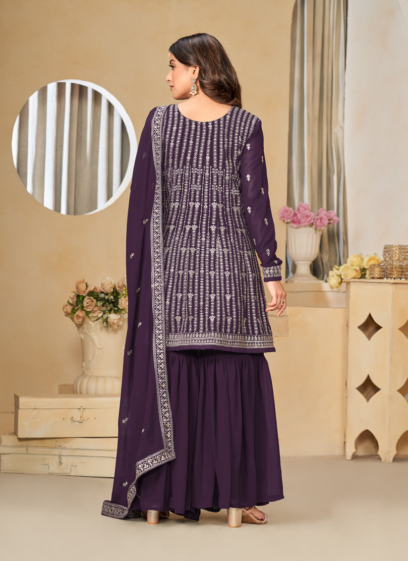 Burgundy Faux Georgette Embroidered Sarara Kameez