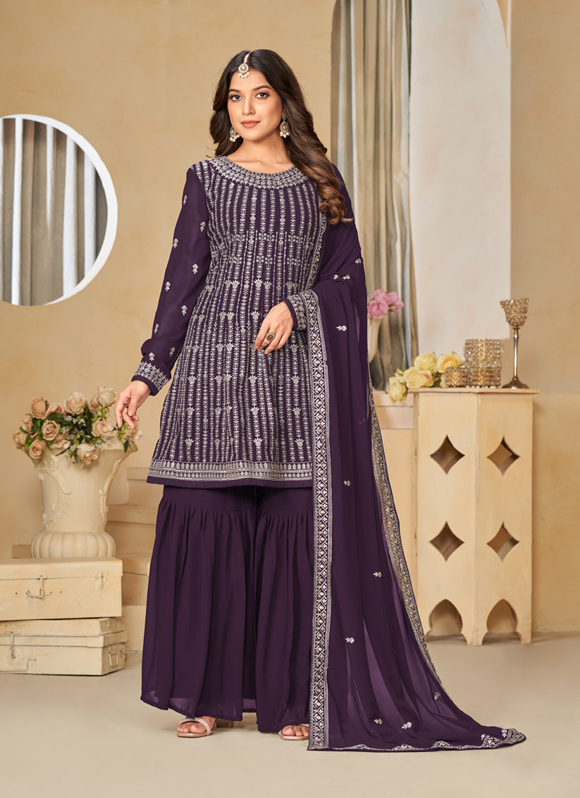 Burgundy Faux Georgette Embroidered Sarara Kameez