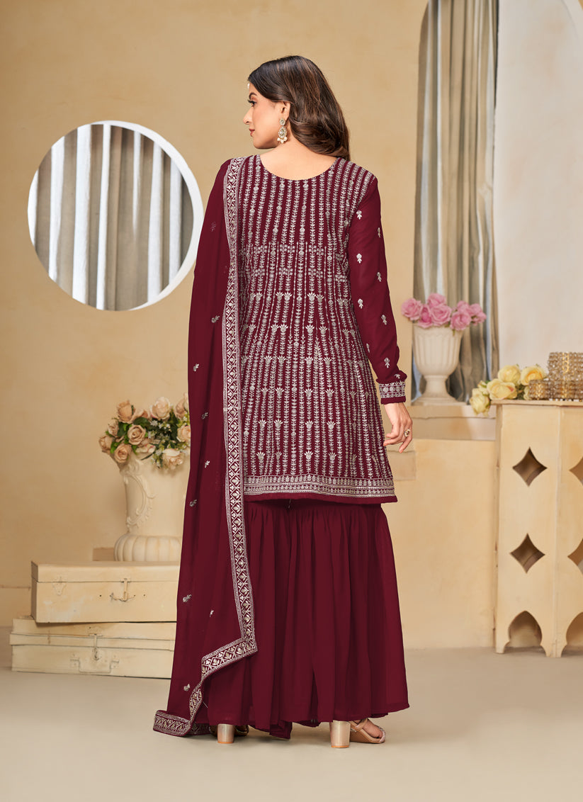 Maroon Faux Georgette Embroidered Sarara Kameez