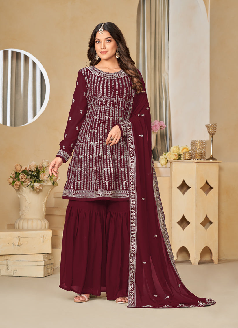 Maroon Faux Georgette Embroidered Sarara Kameez