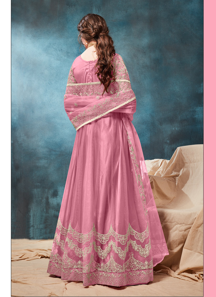 Lilac Pink Net Embroidered Anarkali Suit