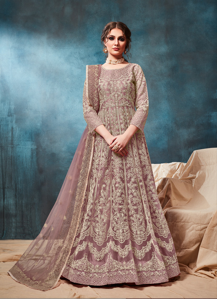 Mauve Net Embroidered Anarkali Suit
