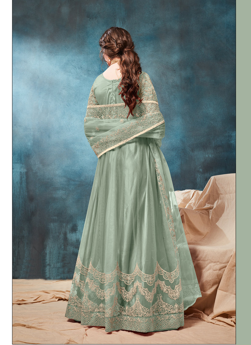 Teal Mint Net Embroidered Anarkali Suit